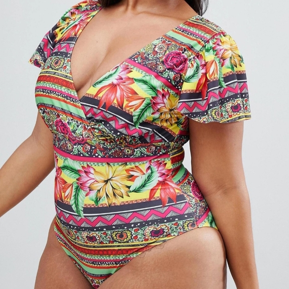 ASOS DESIGN curve flutter sleeve supportive swimsuit in geo-tribal - Picture 9 of 10